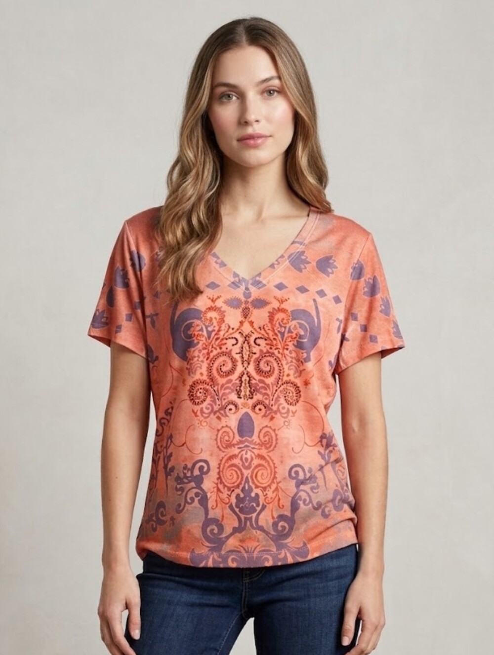 Kiara Women’s V-Neck Short Sleeve Top in Rust Paisley